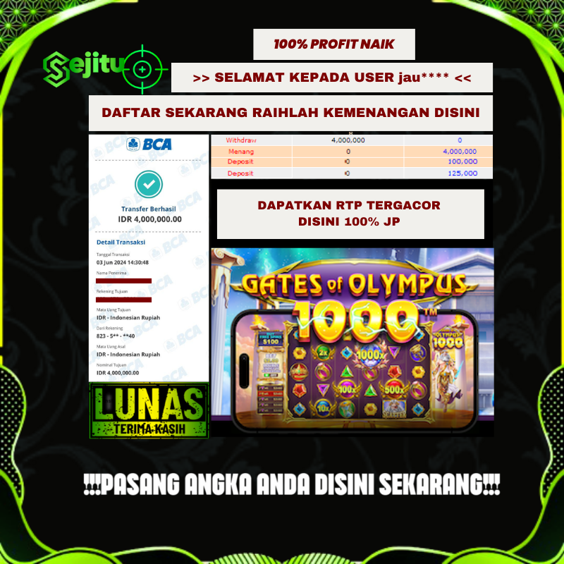 MEMBER MENANG JACKPOT DI GATES OF OLYMPUS 1000 PRAGMATIC PLAY DENGAN MODAL MINIMUM