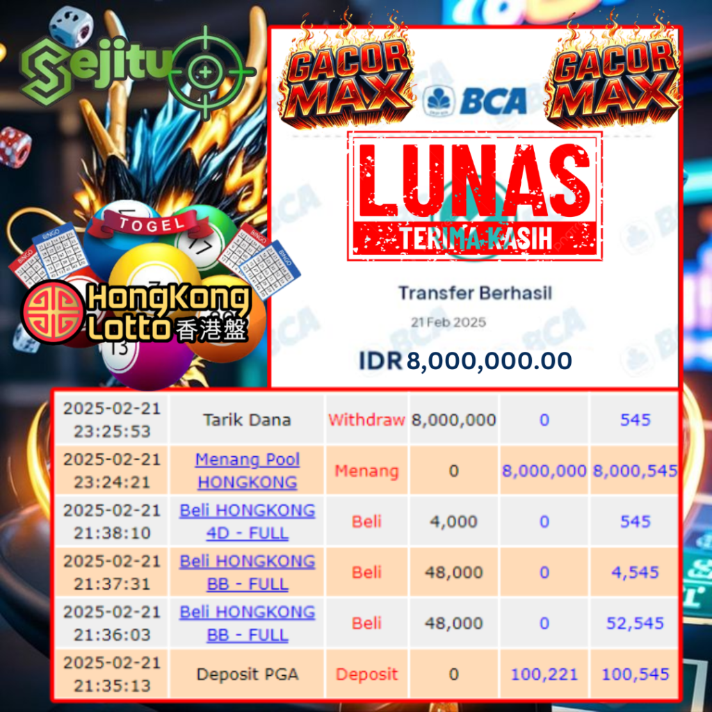 SELAMAT KEPADA MEMBER SEJITU JACKPOT PAUS TOGEL PASARAN HONGKONG LOTTO