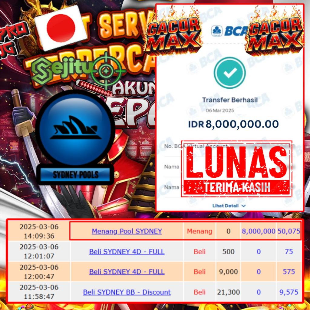 SELAMAT KEPADA MEMBER SEJITU JACKPOT PAUS TOGEL PASARAN SYDNEY