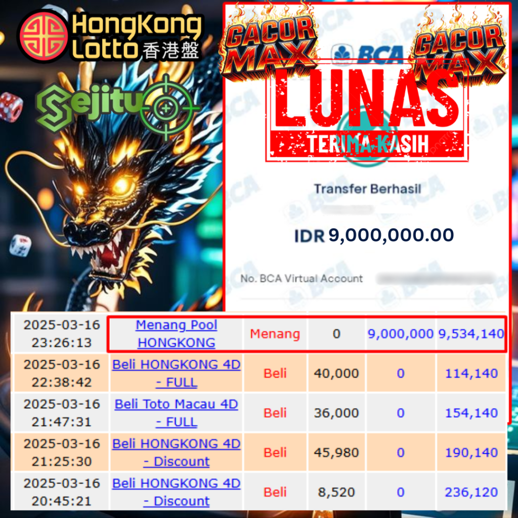 SELAMAT KEPADA MEMBER SEJITU JACKPOT PAUS TOGEL PASARAN HONGKONG LOTTO